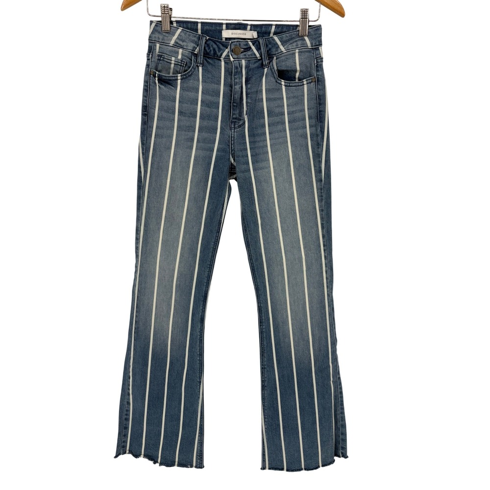 Disclosed Striped Flare Jeans Size 3/26 High Rise Blue White Raw Hem Stretch